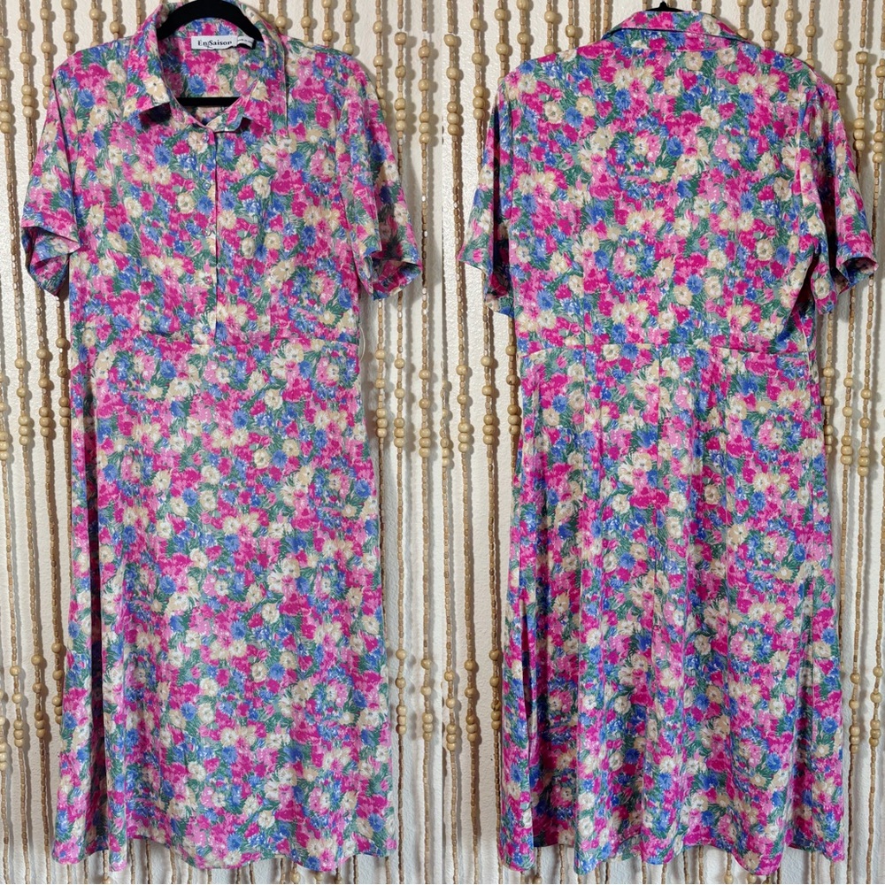 En Saison Pink Blue Vibrant Floral Button Down Collared Short Sleeve Midi Dress
